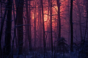 Obraz premium A forest with trees that are mostly bare and have a foggy atmosphere