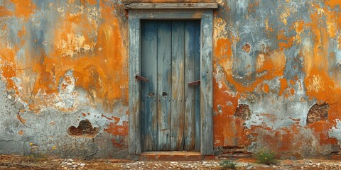 Weathered Wooden Door on a Distressed Wall