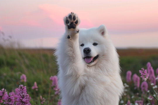 a white dog standing in a field of flowers