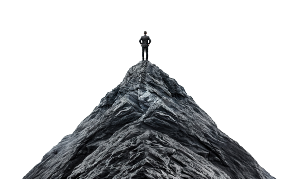 Businessman standing on top of a mountain peak, cut out