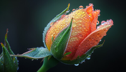 Rose bud with orange and yellow petals covered in water droplets, Generative AI