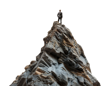 Businessman standing on top of a mountain peak, cut out