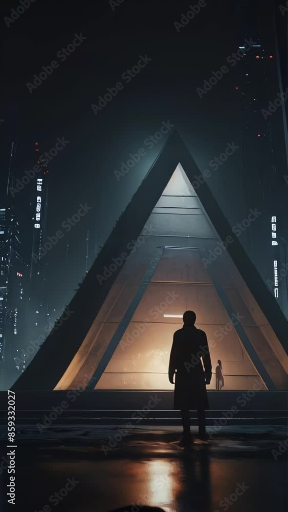Poster in a futuristic city, a silhouette of a person stands in front of a large triangular structure in a 