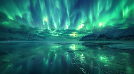 View of night sky with multicolored aurora borealis and snowy mountains peak background. Night glows in vibrant aurora reflection on the lake with forest.