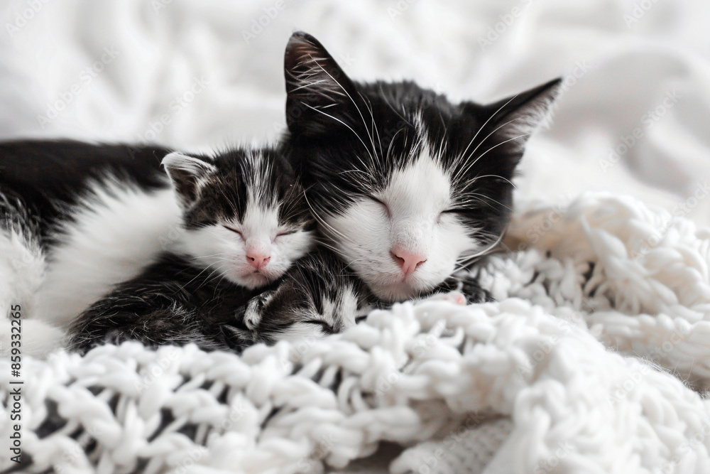 Wall mural two black and white cats sleeping on a blanket