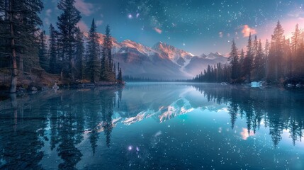 View of night sky with multicolored aurora borealis and snowy mountains peak background. Night glows in vibrant aurora reflection on the lake with forest.