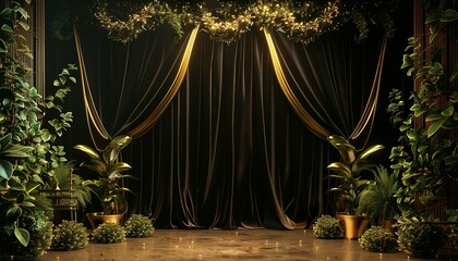 Elegant Stage with Golden Curtains and Lush Greenery