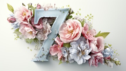 Number 7 surrounded by delicate pink and blue flowers, creating a beautiful and elegant floral arrangement.
