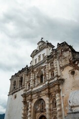 side angle of church with ruins - historical landmark from spanish colonial times in antigua...