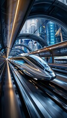 Futuristic bullet train with self-driving system for fast transportation.