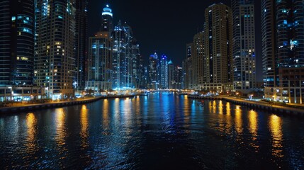Nighttime view of the Dubai Marina filled with illuminated modern buildings