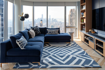 A chic TV lounge with a navy blue sectional sofa, a geometric patterned rug, and a modern entertainment center, with floor-to-ceiling windows offering a city view.