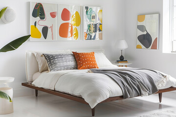 A chic white bedroom with a modern bed frame, lush bedding, and vibrant abstract posters above the bed.