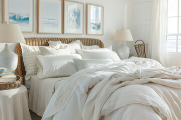 A coastal white bedroom with breezy linens, wicker furniture, and ocean-inspired posters above the bed.