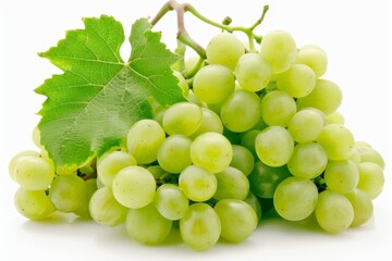 Fresh green grapes with a single vine leaf, showcasing vibrant colors and natural details, isolated on a white background.