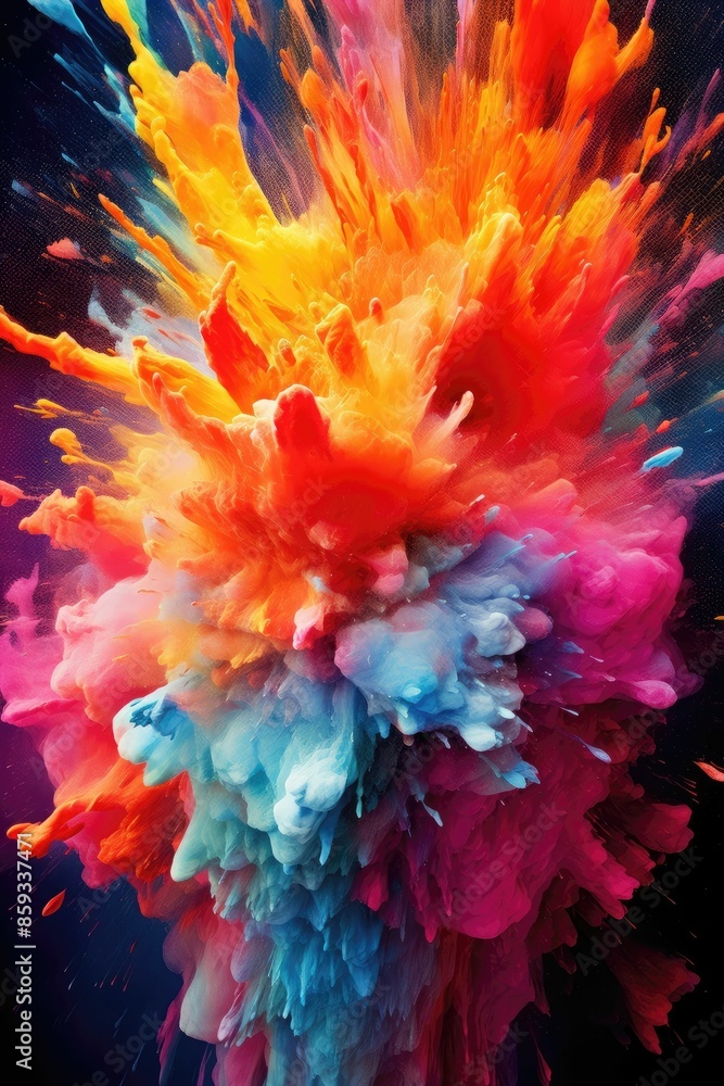 Poster explosive color burst in orange, pink, and blue. vertical image of exploding motion of multicolored 