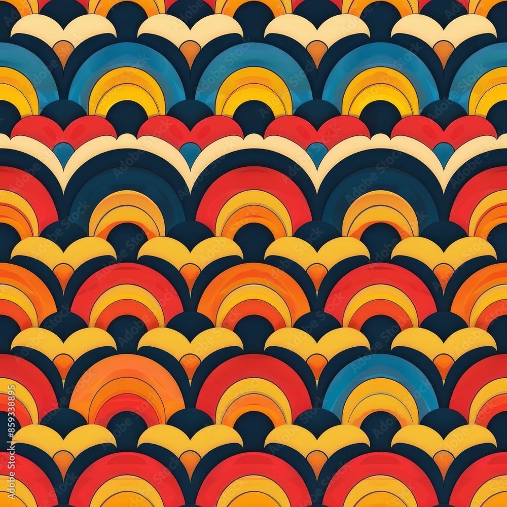 Poster vintagestyle design with geometric circular patterns and vibrant colors, creating a cheerful atmosph