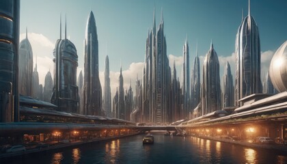 Obraz premium A futuristic urban landscape with tall, modern buildings and airborne vehicles, set against a dramatic sunset