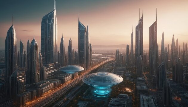 A futuristic cityscape with towering skyscrapers and flying vehicles at sunset, showcasing advanced architecture and technology