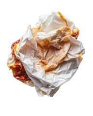 Used Greasy Paper With Stains. This crumpled and stained paper represents waste and recycling, commonly found after food consumption. Isolated on transparent background, png.
