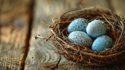 Obraz premium Bird's nest with speckled blue eggs on rustic wooden surface, close-up. Nature and wildlife concept