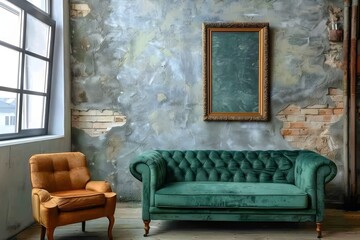 Green Sofa and Terra Cotta Chair by Window. Modern Interior Design