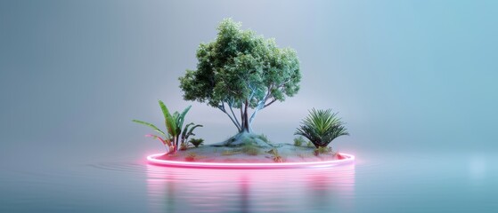 Obraz premium Futuristic nature concept with a small island featuring plants and a tree in a neon-glowing environment. Modern botanical art with vibrant colors.