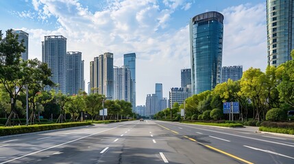 Fototapeta premium Skyscrapers by the road in the financial district Ningbo China : Generative AI