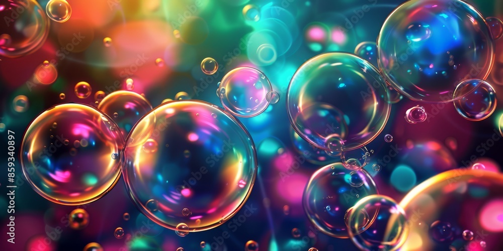 Poster vibrant soap bubbles floating against a colorful, abstract, and bokeh background capturing light ref