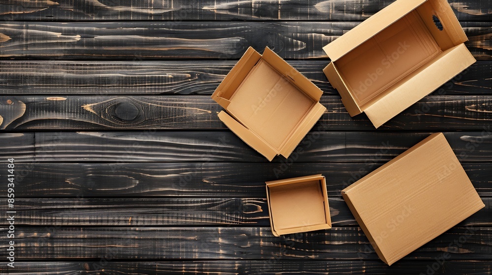 Poster Open and closed carton boxes isolated on dark timber backgroundTop view : Generative AI