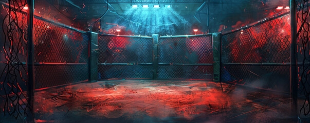Create an illustration of the interior of an empty Mixed Martial Arts ring from an inside perspective. The viewpoint is from one corner of the ring, looking out towards the center. The canvas shows si