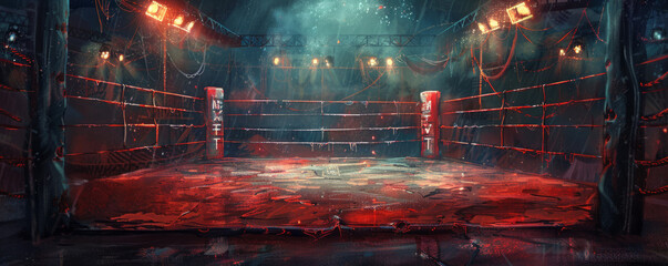 Create an illustration of the interior of an empty Mixed Martial Arts ring from an inside perspective. The viewpoint is from one corner of the ring, looking out towards the center. The canvas shows si