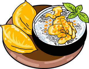 sticky rice, durian, coconut milk, white background