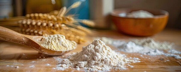 Close-up of a wooden spoon with flour and wheat grains on a wooden table, evoking a rustic and natural cooking atmosphere.