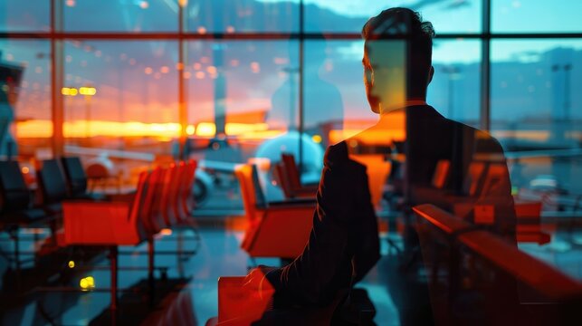businessman at airport lounge (close up, focus on, copy space) vivid seats and ambiance, double exposure silhouette with airplane window view