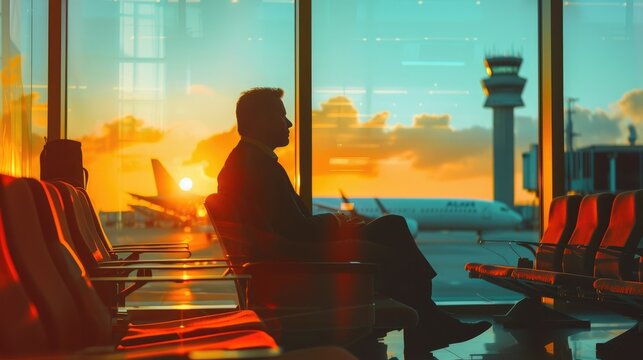 businessman at airport lounge (close up, focus on, copy space) vivid seats and ambiance, double exposure silhouette with airplane window view