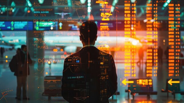 businessman standing back at airport (close up, focus on, copy space) vibrant departure board and signage, double exposure silhouette with travel icons