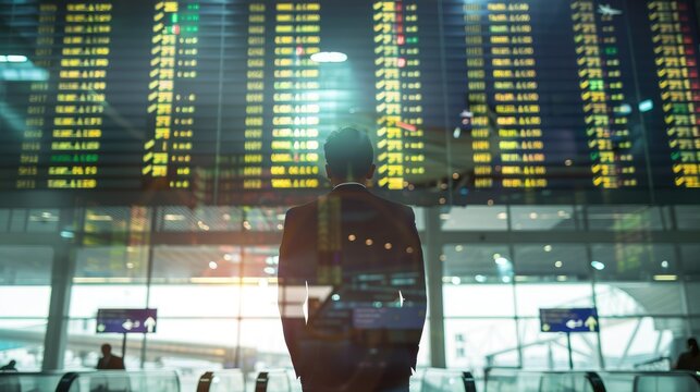businessman standing back at airport (close up, focus on, copy space) vibrant departure board and signage, double exposure silhouette with travel icons
