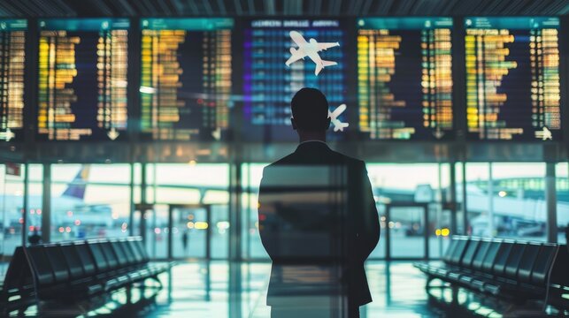 businessman standing back at airport (close up, focus on, copy space) vibrant departure board and signage, double exposure silhouette with travel icons