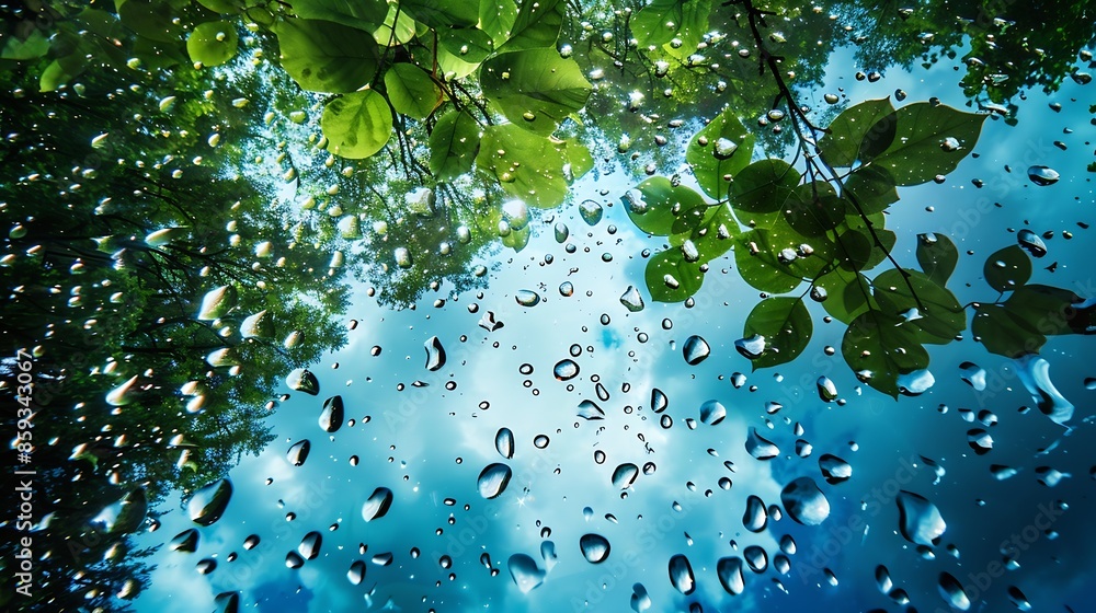 Poster view from under the water to the sky and rain drops fall on the surface of the water create water ci