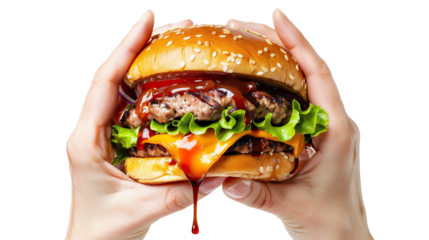 Delicious juicy burger in hands, cut out