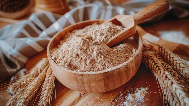 Wooden bowl filled with whole grain flour surrounded by wheat stalks and a rustic scoop on a wooden table.