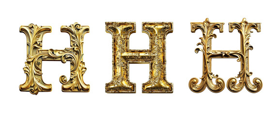 Set of 3D capital letter H in gold, ideal for typography and branding.