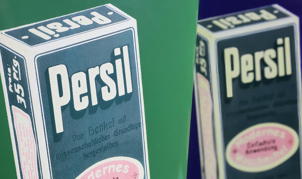 Viersen, Germany - May 9. 2024: Vintage nostalgic Persil washing detergent advertisement detail with 40s style cardboard boxes