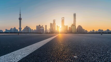 Asphalt highway road and city skyline with modern buildings at sunset in Shanghai : Generative AI