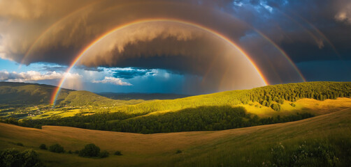 Naklejka premium A magical rainbow arching across the sky after a passing storm.
