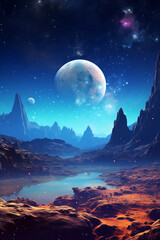 Alien planet in space background with moons and stars