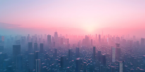 Fototapeta premium Aesthetic 3D visualization of a minimalist city skyline at dawn, with soft gradients from twilight blue to morning pink, creating a calm and serene atmosphere