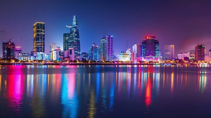 Fototapeta premium Awesome Ho Chi Minh City skyline Night view of skyscrapers and other highrise buildings at downtown of Ho Chi Minh City Vietnam Colorful city lights reflected in water of the Saigon Ri : Generative AI