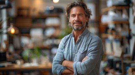Obraz premium A bearded man stands confidently with arms crossed in a cozy, well-lit living room filled with plants and modern decor, exuding warmth and a relaxed demeanor.